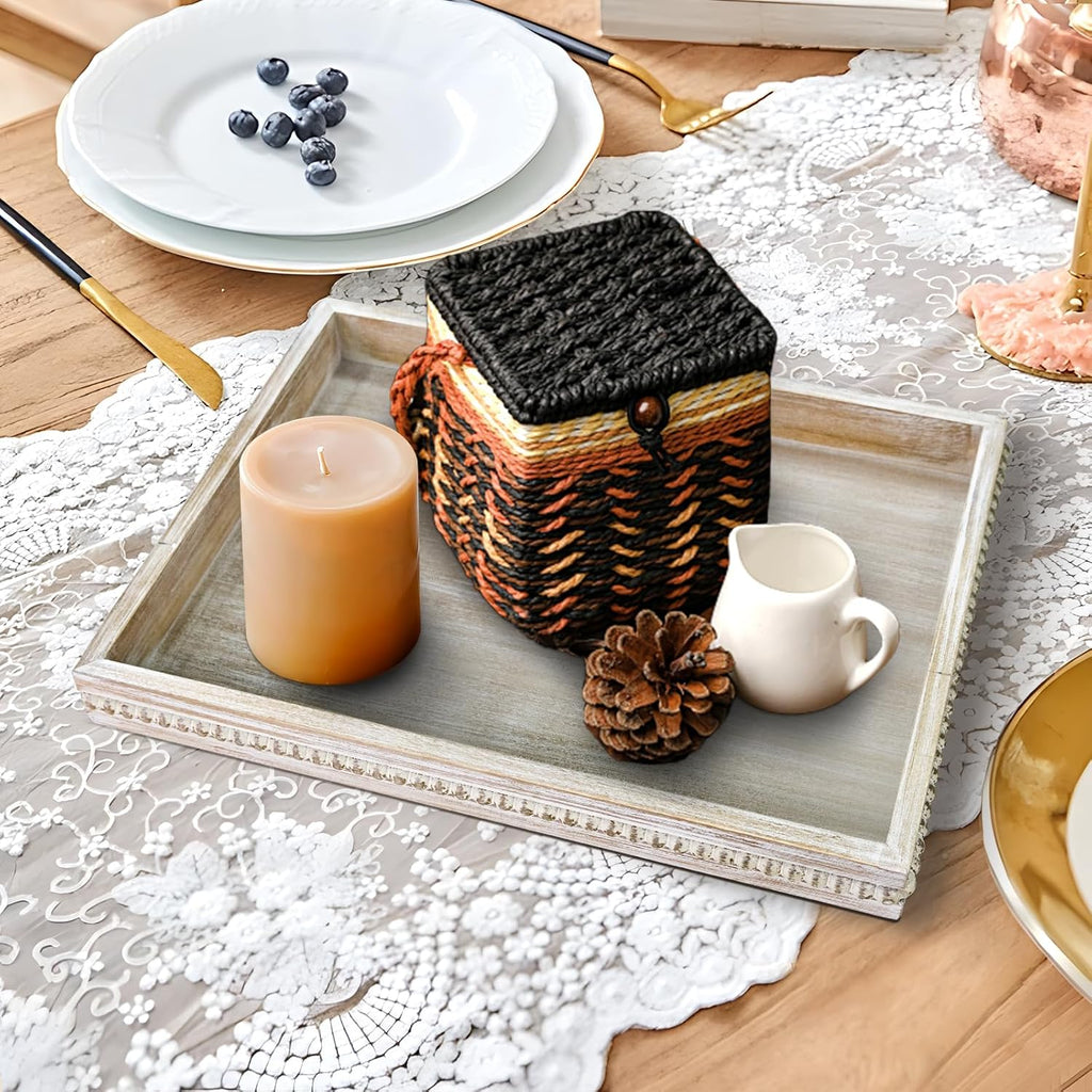 Wooden Decorative Tray, Rectangular Serving Tray with Wood Bead, Farmhouse Big Tray for Ottoman, Countertop, Coffee Tabl, 16.5" x 13"x 1.6" (White Washed)