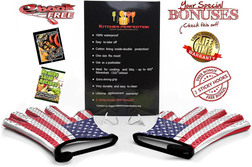 Kitchen perfection XL Silicone Smoker Oven Gloves-Extreme Heat Resistant BBQ Gloves-Handle Hot Food Right on Your Grill Fryer&Pit|Waterproof Grilling Cooking Baking Mitts|Superior Value Set+3 Bonuses