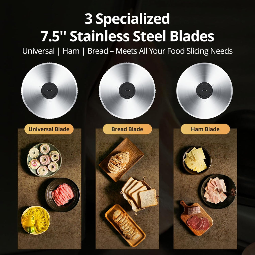 Powerful Deli Meat Slicer Machine, 200W Electric Food Slicer with 3 Types of 7.5" Stainless Steel Blades, Adjustable Thickness 0–15mm, for Meat, Cheese, Bread, Vegetables, Home Use