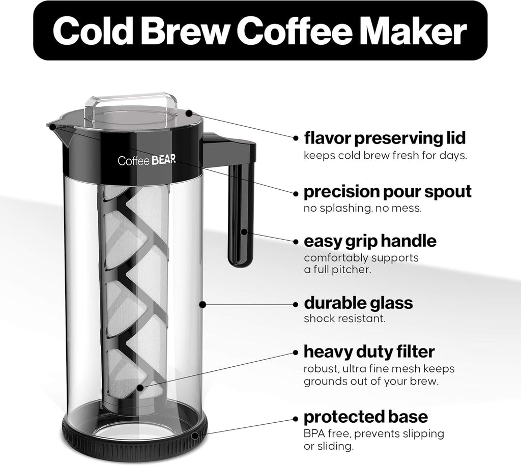 COFFEE BEAR – Cold Brew Coffee Maker and Iced Tea Brewer, Large 1.3L (44oz) Borosilicate Glass Pitcher with Reusable Mesh Filter, Easy to Clean, Dishwasher Safe