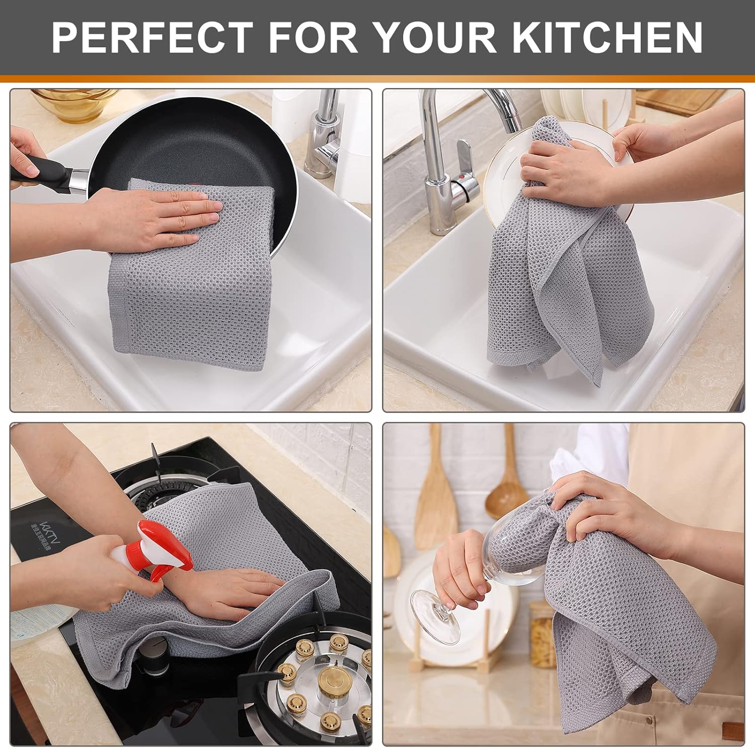 Kitinjoy 100% Cotton Waffle Weave Kitchen Dish Towels, 4-Pack Super Soft and Absorbent Kitchen Towels, 13 in x 28 in, Light Grey