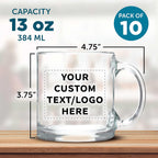 Custom Libbey Clear Glass Coffee Mugs 13 oz. Set of 10, Personalized Bulk Pack - Perfect for Coffee, Tea, Espresso, Hot Cocoa, Other Beverages - Clear Bottom