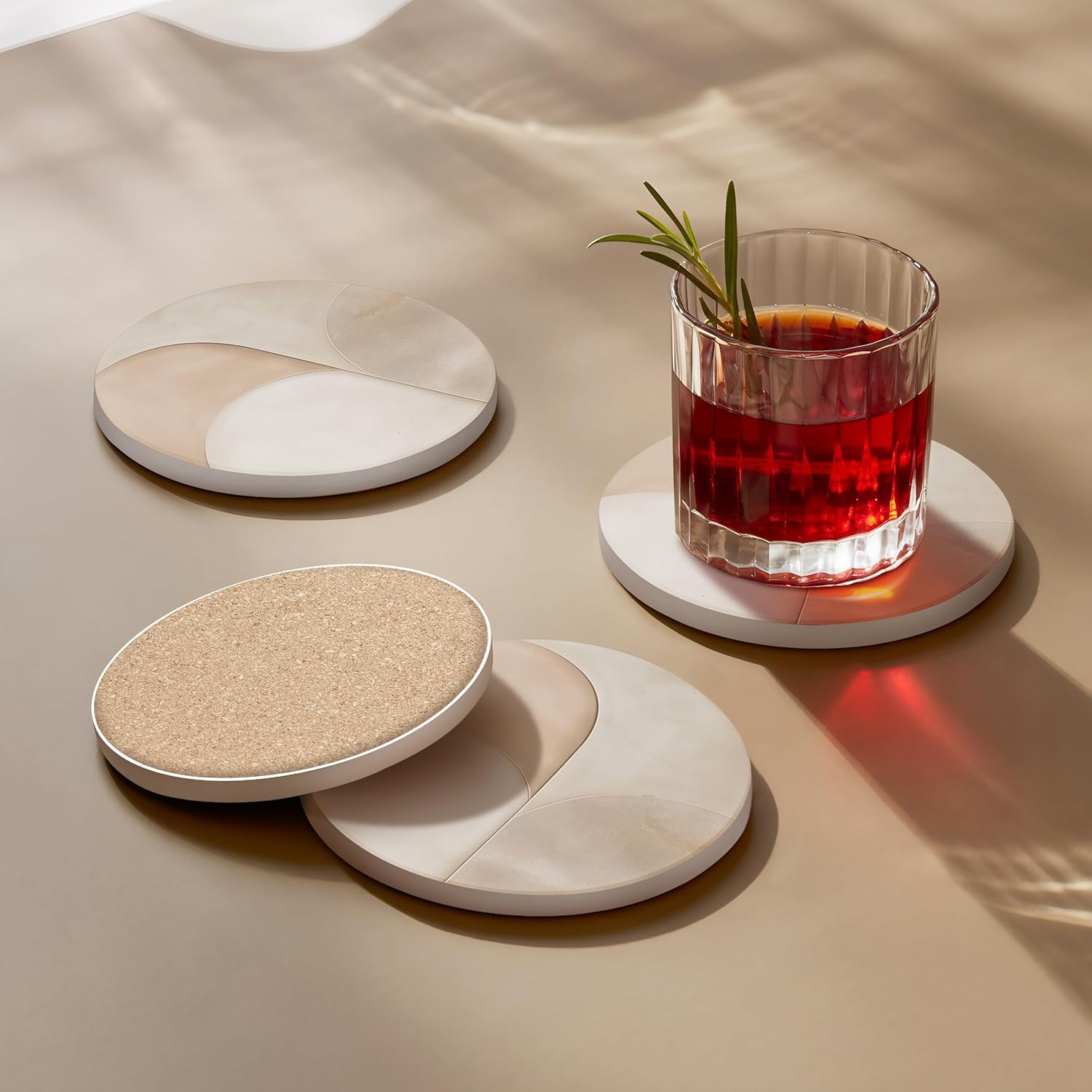 VEYRO Coasters Set of 6 for Drinks – Absorbent Ceramic Stone Drink Coasters with Cork Backing for Coffee Table & Desk, Modern Marble Look Cup Coaster Set, Housewarming Gift for New Home