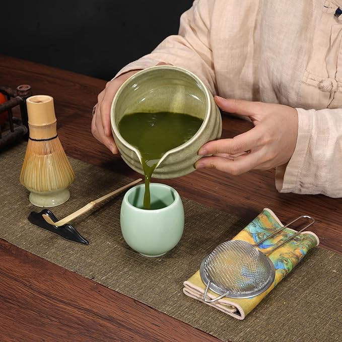 7 Pcs Matcha Whisk Set, Matcha Bowl with Spout, Matcha Whisk and Holder, Bamboo Scoop with Holder, Stainless Sifter and Tea Towel, Japanese Matcha Ceremony Set for Authentic Tea Powder & Home Rituals