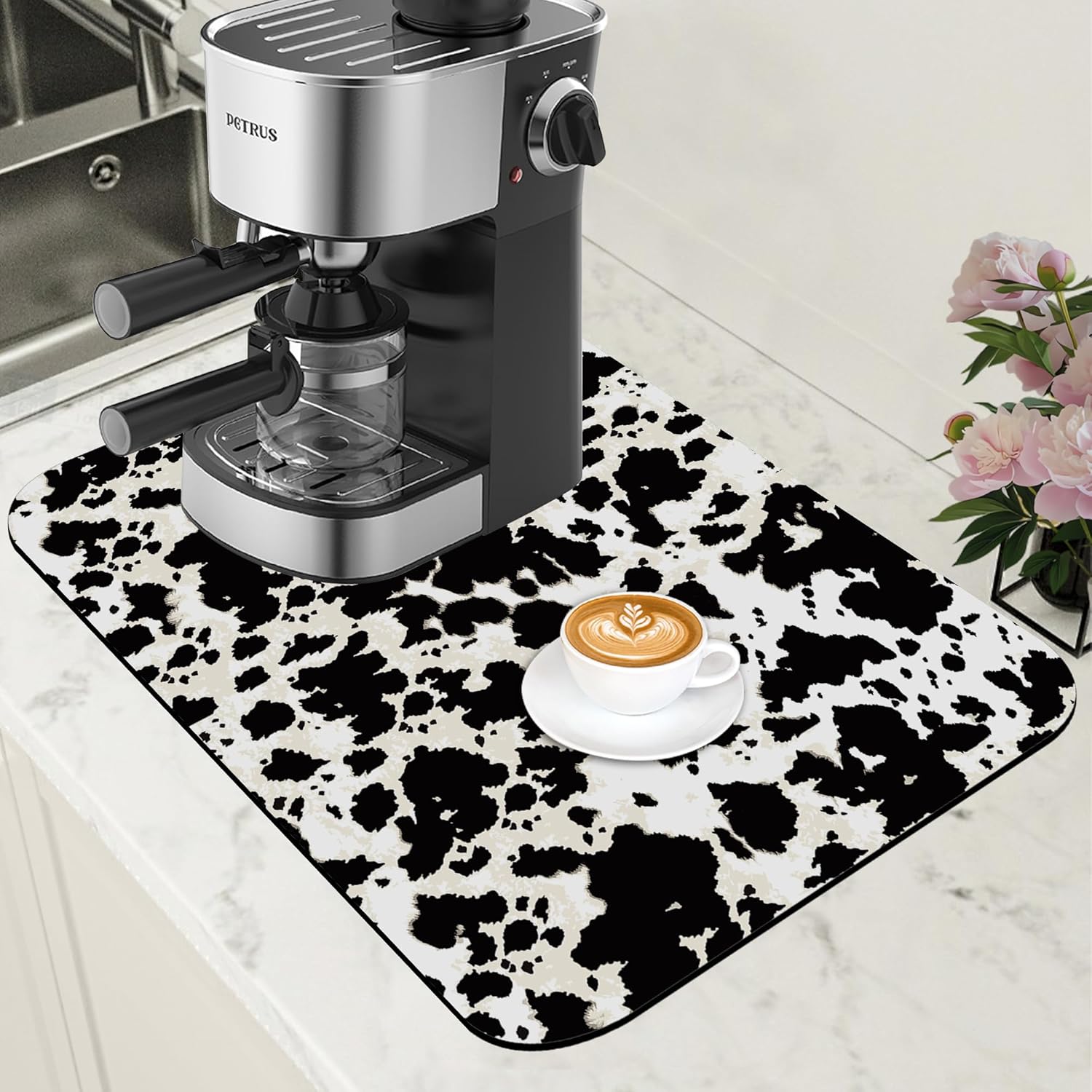 Dish Drying Mat Cow Print Coffee Bar Mat for Countertop Absorbent Hide Stain Rubber Backed Dish Drainer Rack Pad Espresso Machine Dining Room Decoration 11.8 x 19.7 Inch