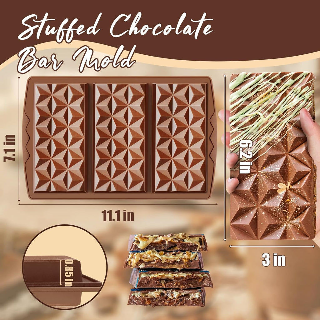 HKNMTT Chocolate Bar Mold Silicone, Large Stuffed Dubai Pistachio Deep Bar Moulds Kit 0.85 Inch Thick Big, Ideal for Homemade Making Candy Bar Bpa Free DIY Diamond Grid