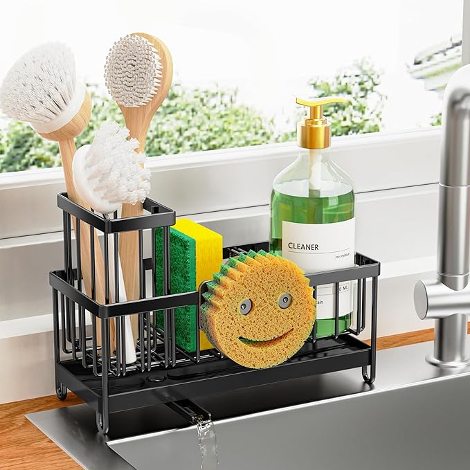 Cisily Black Smiley Face Dish Sponge Holder Sponge Holder for Kitchen Sink, Sink Caddy Organizer with High Brush Holder, Kitchen Countertop Organizers and Storage Essentials