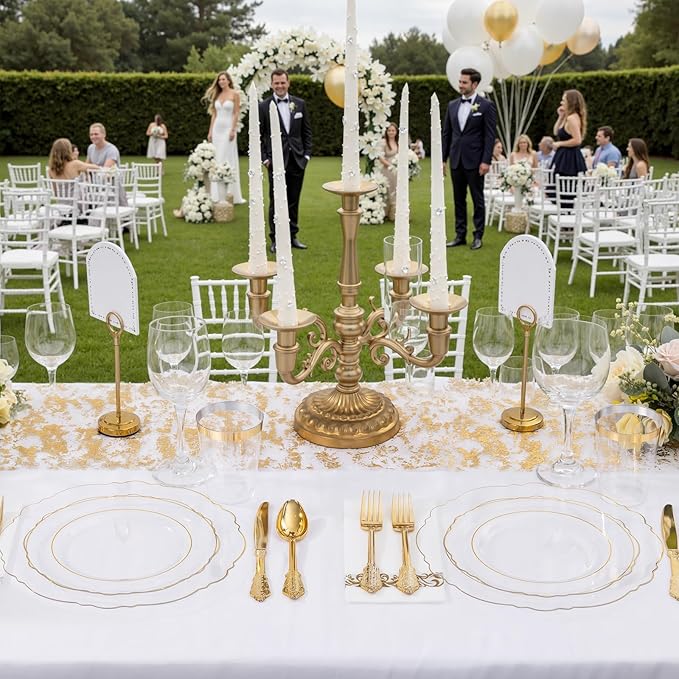 KIRE 210Pcs Clear and Gold Plastic Plates - Heavy Duty Clear Plates with Gold Rim - Disposable Dinnerware Sets of 60 Plastic Plate 90 Silverware 30 Cups 30 Napkins for Wedding/Thanksgiving Parties