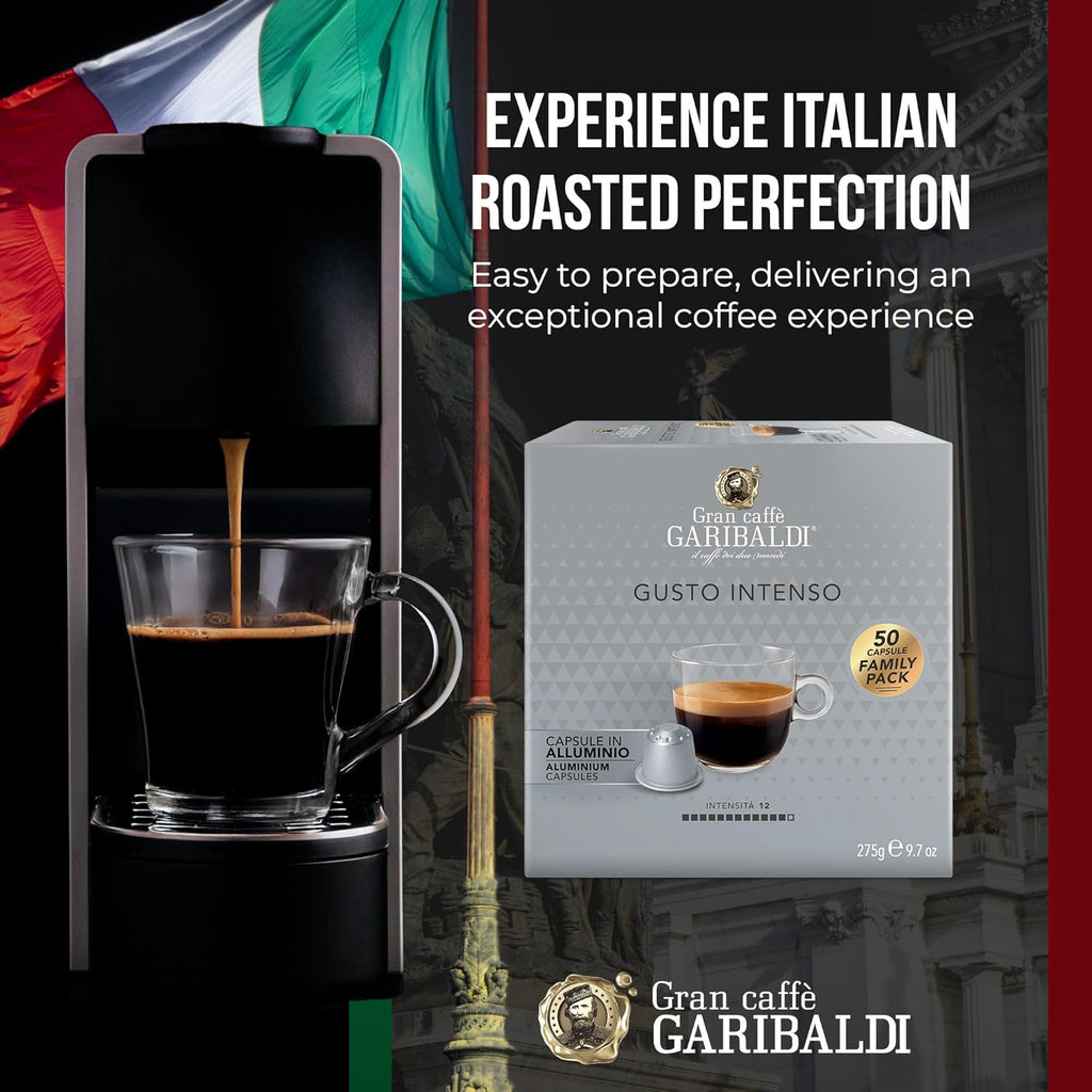 Gran Caffè Garibaldi Espresso Pods, Italian Roasted Coffee, Compatible Nespresso Original Line Machines, Nitrogen Flushed, Strong & Intense, Cocoa & Dried Fruit, Dark Roast - Gusto Intenso (Aluminum) 50 Cups