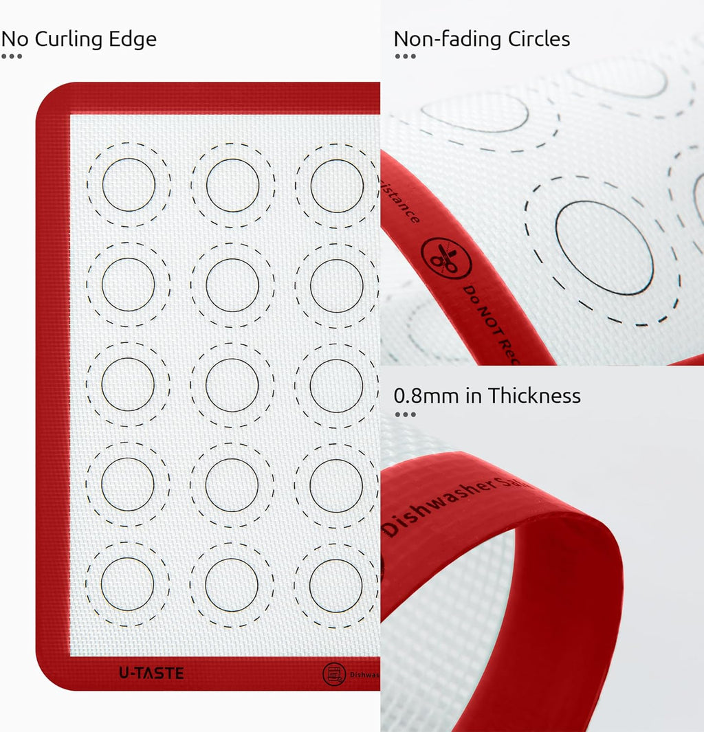 446ºF Heat Resistant Macaron Mat: U-Taste 11x11in Non Stick Silicone Baking Mat, Reusable Cookies Pastry Sheet Liner with Edge Enhancement & Circle Measurement for Square Cake Pan (2 PCS, Red)