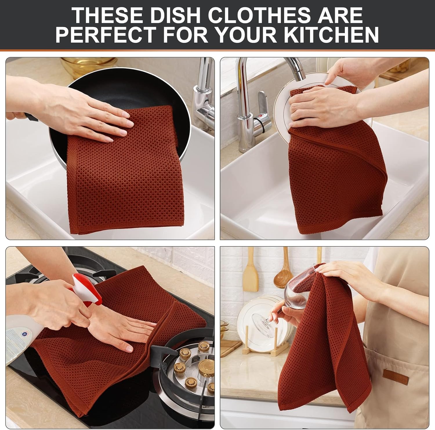 Kitinjoy 100% Cotton Waffle Weave Kitchen Towels, 8-Pack Super Soft and Absorbent Dish Towels for Drying Dishes, Kitchen Hand Towels, 13 in x 28 in, Rust