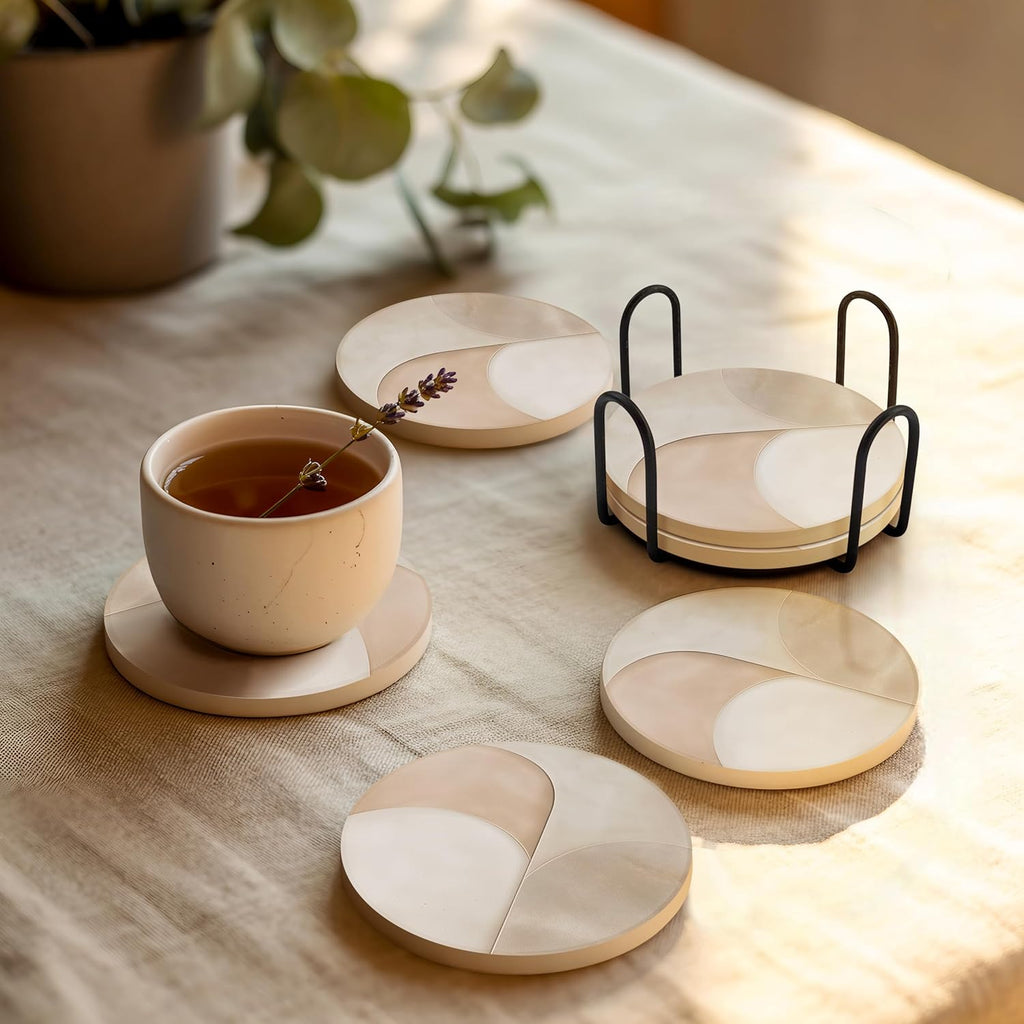 VEYRO Coasters Set of 6 for Drinks – Absorbent Ceramic Stone Drink Coasters with Cork Backing for Coffee Table & Desk, Modern Marble Look Cup Coaster Set, Housewarming Gift for New Home