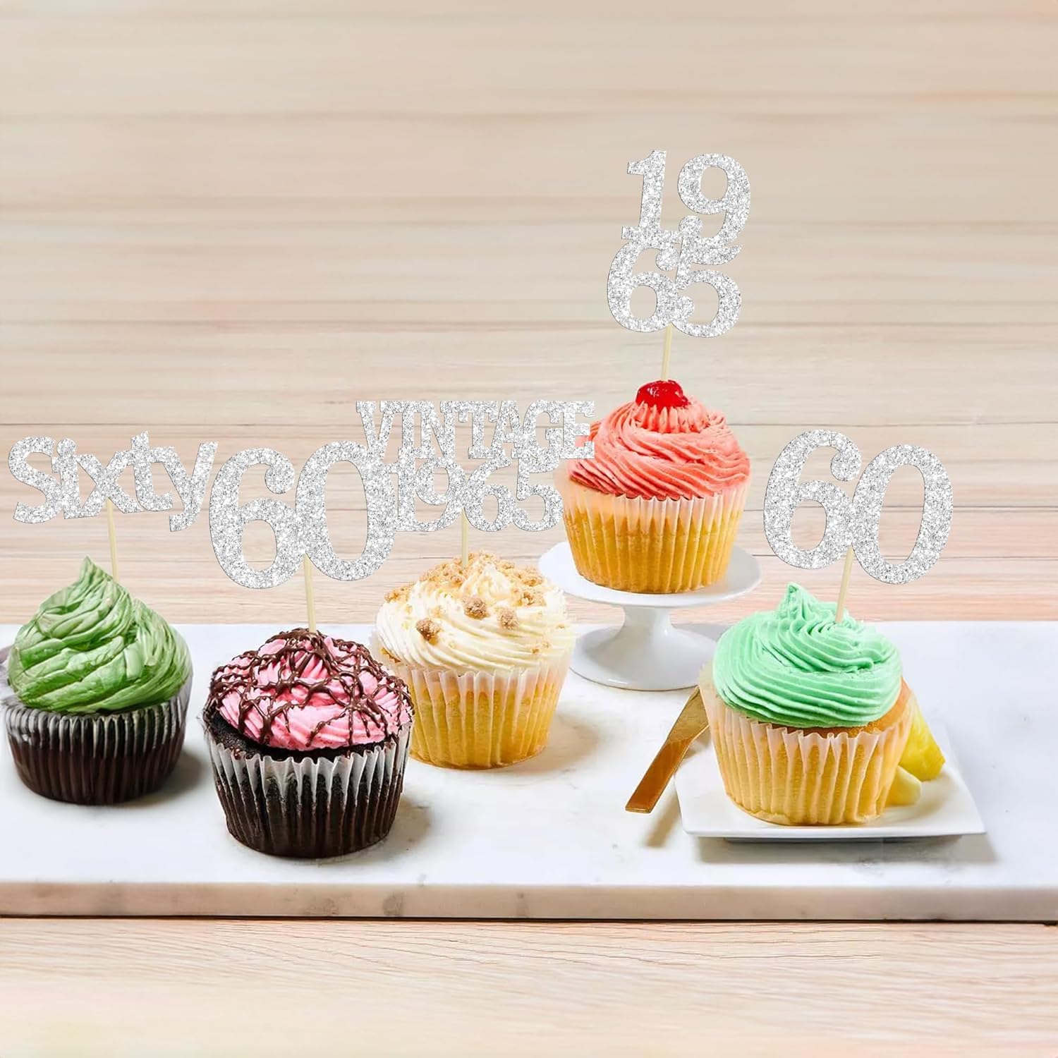 Gyufise 24Pcs 60th Birthday Cupcake Toppers Cheers to 60 Fabulous Sixty Cupcake Picks Vintage 1965 Decorations for 60th Birthday Wedding Anniversary Party Cake Decorations Supplies Silver