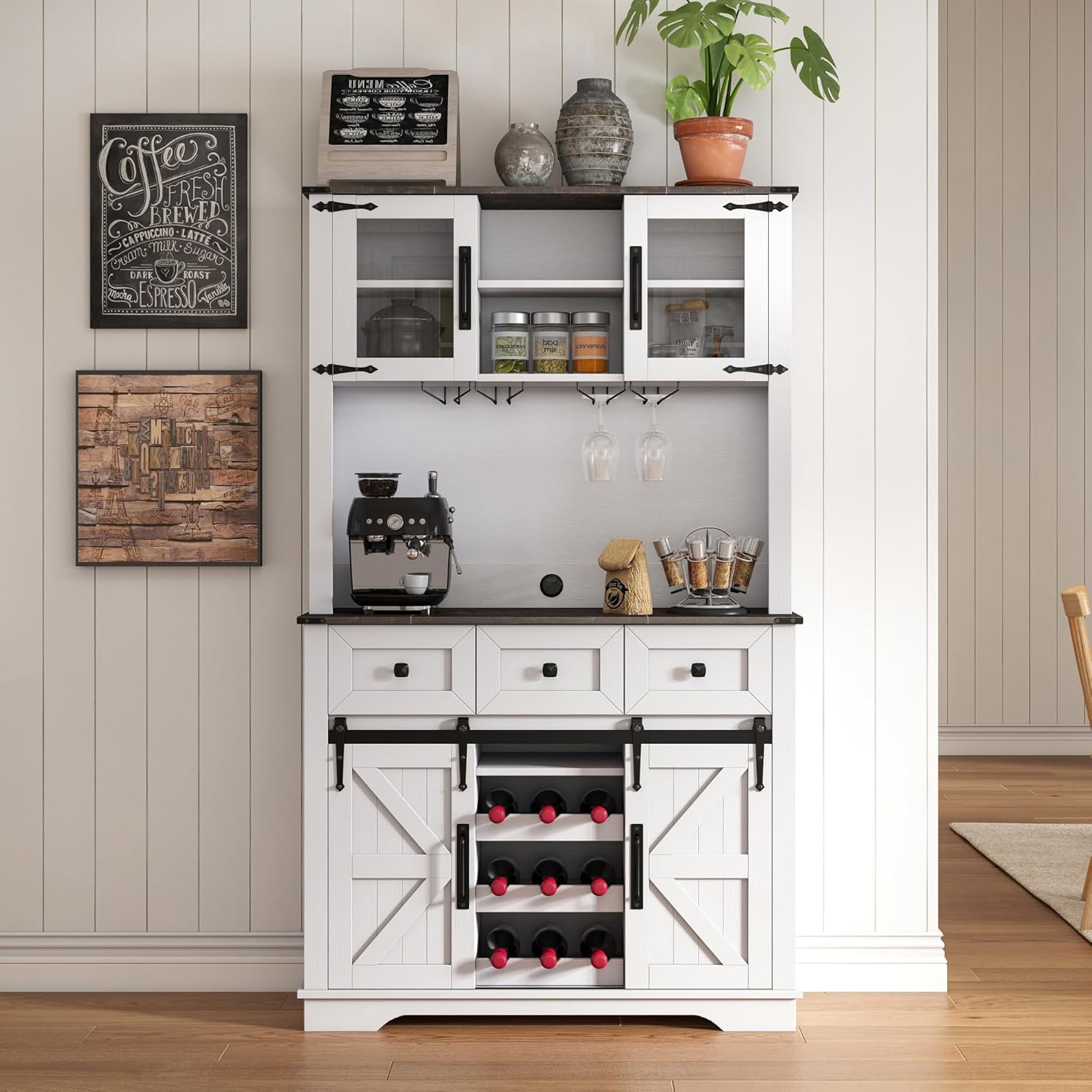 Coffee Bar Cabinet with Sliding Barn Doors 71'' Farmhouse White Pantry Cabinet with Drawers & Wine Glass Rack Rustic Buffet Cabinet for Kitchen, Black