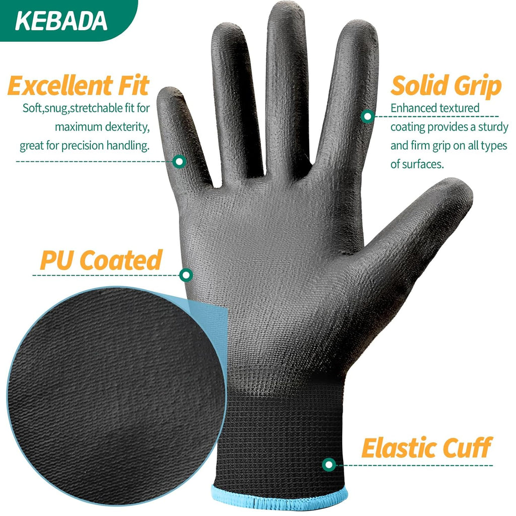 Kebada 120 Pairs Work Gloves Bulk Pack, Mens Work Gloves with Grip, PU Dipped Gloves for Warehouse, Construction, Gardening and Mechanics, Black, Small
