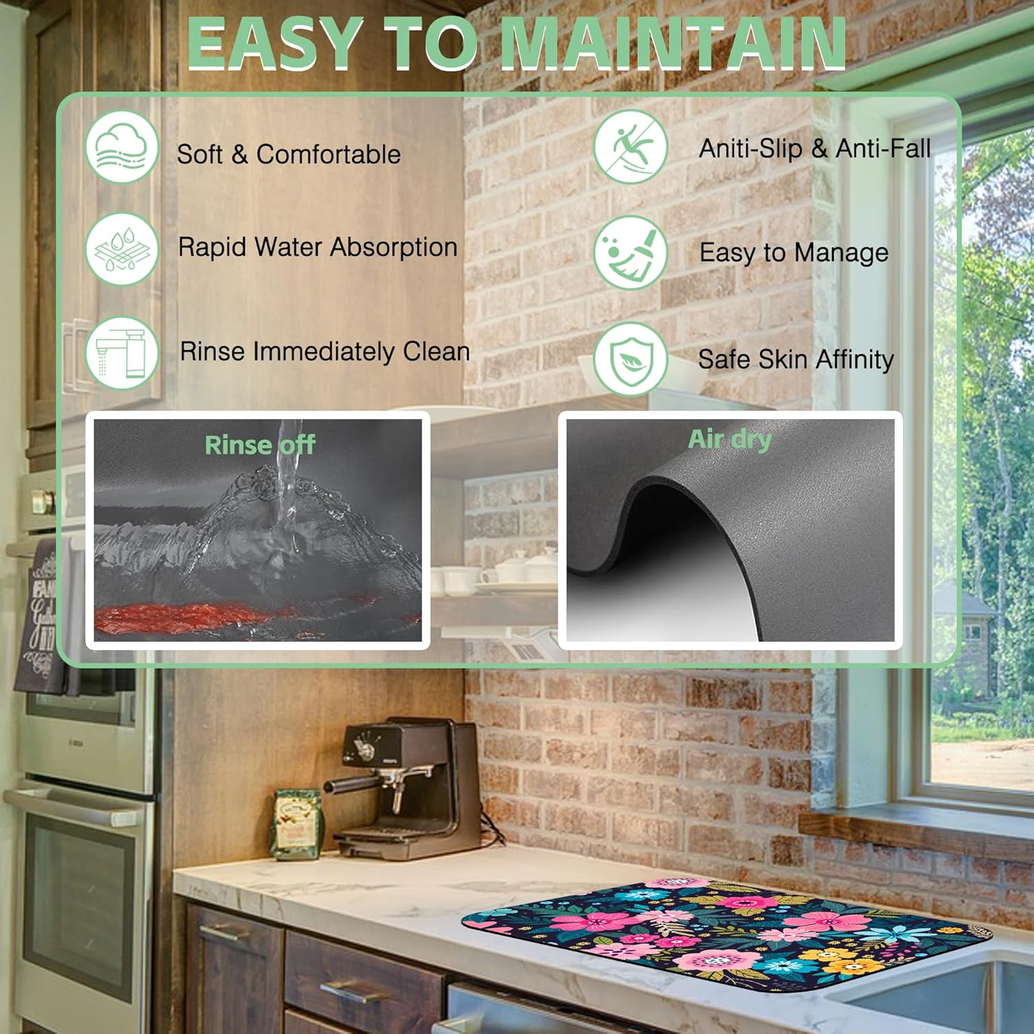 Dish Drying Mat Bright Colorful Flowers Leaves Coffee Mat,12"X19" Bsorbent Dish Drying Pad for Sink Dishes or Under Rack Kitchen Counter Accessories Absorbent Hide Backed Drying Mat