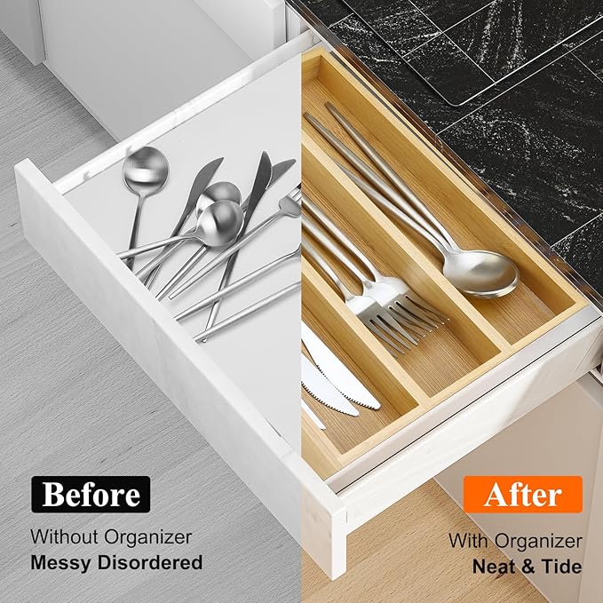 Small Silverware Drawer Organizer Kitchen Utensils Trays For Drawer Bamboo Cutlery Tray Skinny Flatware Organizer Narrow Spoon Fork Cutlery Holder Drawer Flatware Trays Slim Silverware Organizers