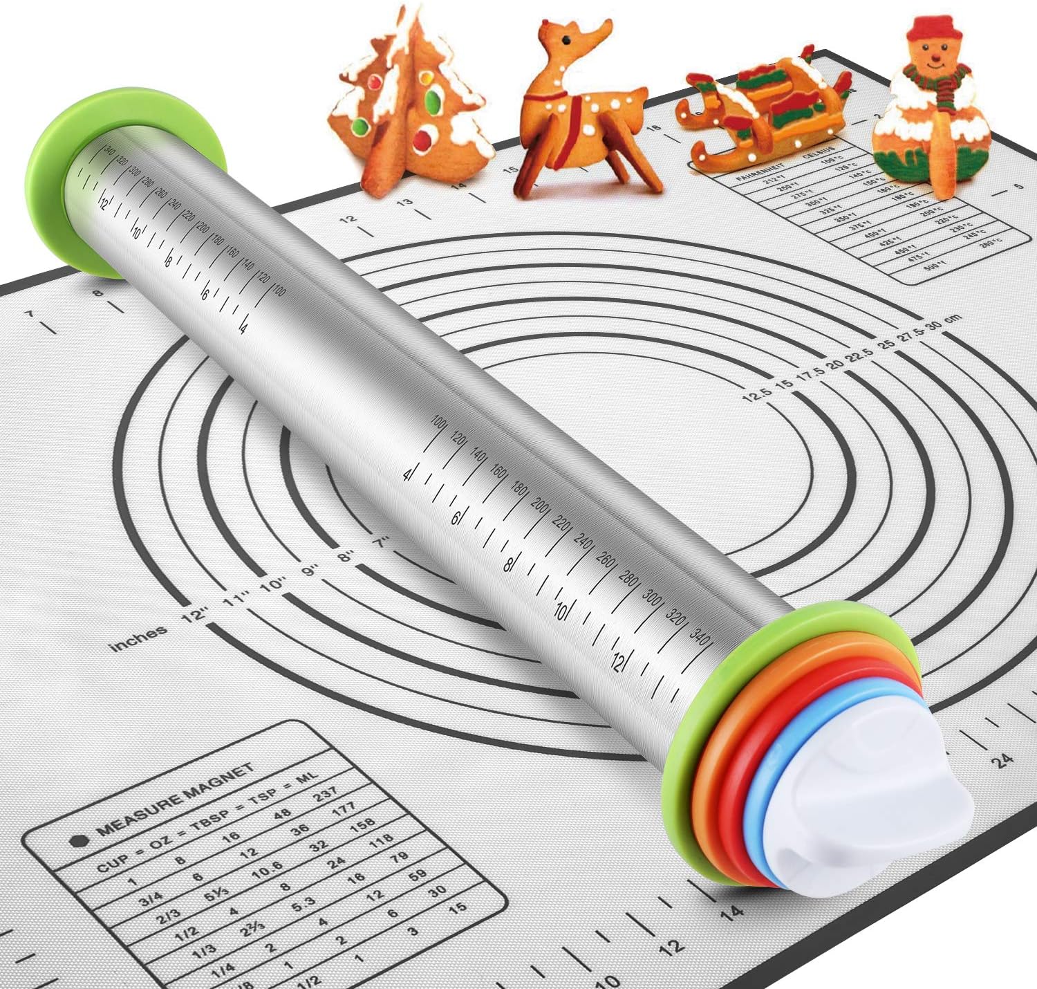 Rolling Pins, Stainless Steel Dough Roller, Rolling Pin and Silicone Baking Pastry Mat Set, Adjustable Rolling Pin with Thickness Rings for Baking Dough, Pizza, Pie, Pastries, Pasta, Cookies(Black)