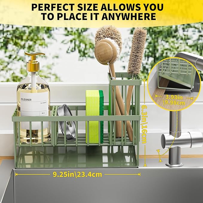 Cisily Kitchen Sink Caddy - Sponge Holder and Organizer with High Brush Holder, 304 Stainless Steel, Sage Green