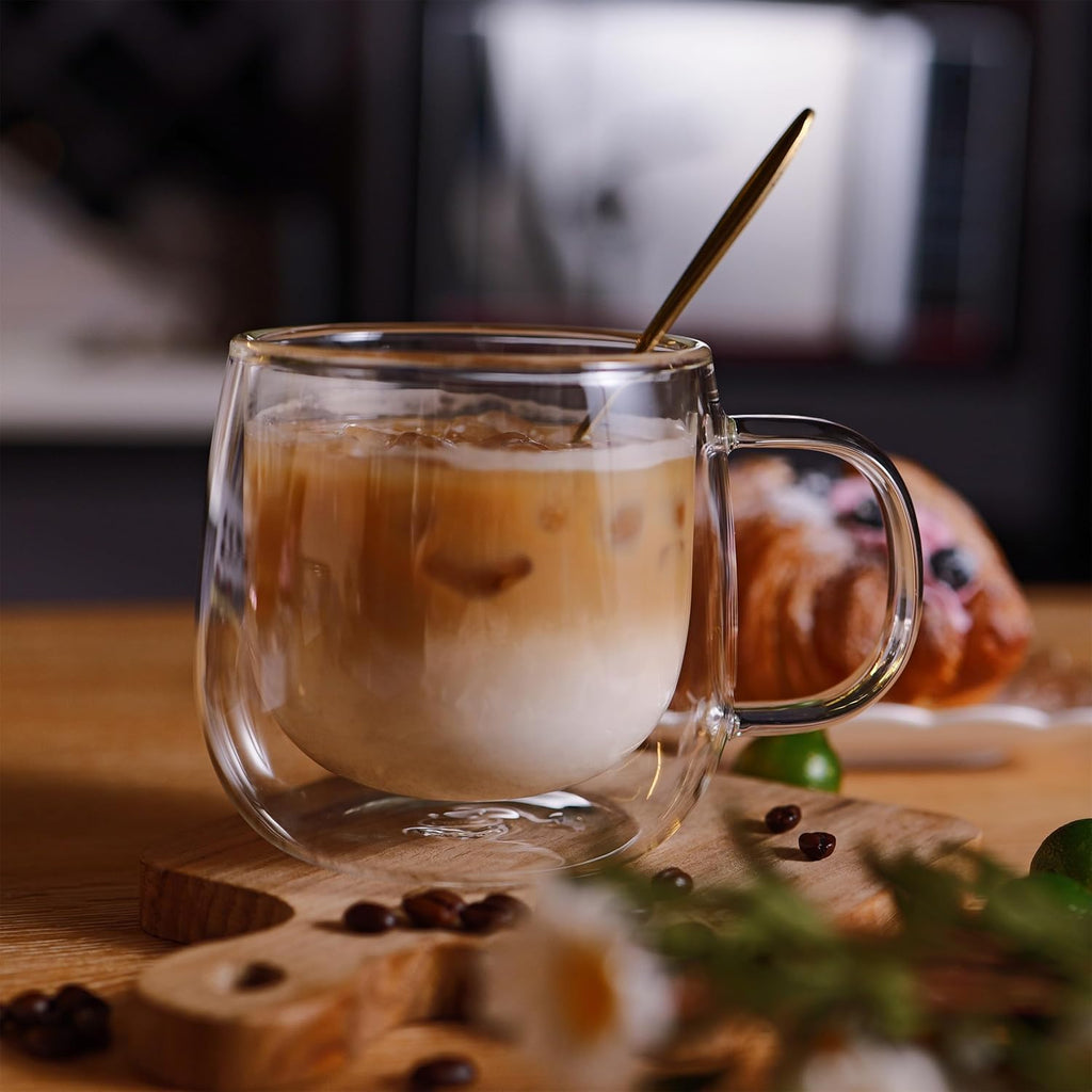 CNGLASS 12oz Double Walled Glass Coffee Mugs(4-pack),Large Clear Coffee Cups with Handle,Glass Espresso Mugs for Latte,Cappuccino,Tea