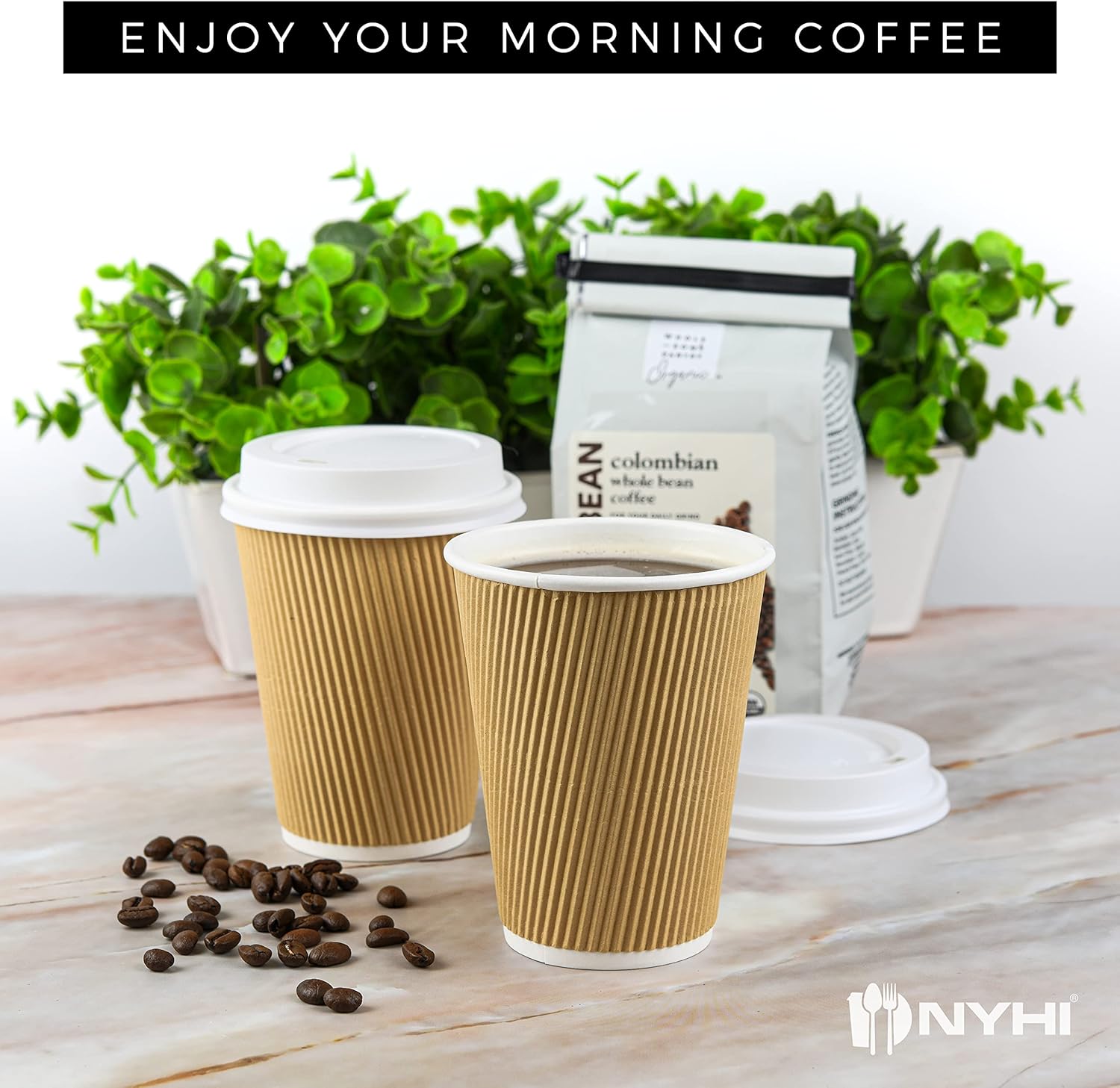 NYHI 100 10 oz Ripple Kraft Paper Cups Brown Hot Cold 3 Layer Rippled Small Insulated Disposable Coffee Cups for Cappuccino Hot Cocoa or Iced Drinks