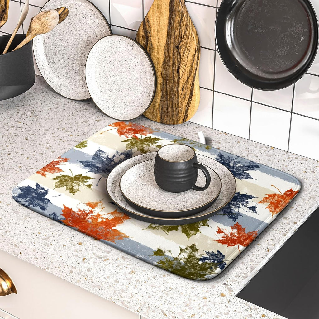 Autumn Colorful Maple Leaves Dish Drying Mat for Kitchen Counter,Blue and White Stripe Drying Mat 16 x 18 Inch with Absorbent Reversible Microfiber Dish Drying Pad Dish Rack Drainer Mat for Coffee Bar
