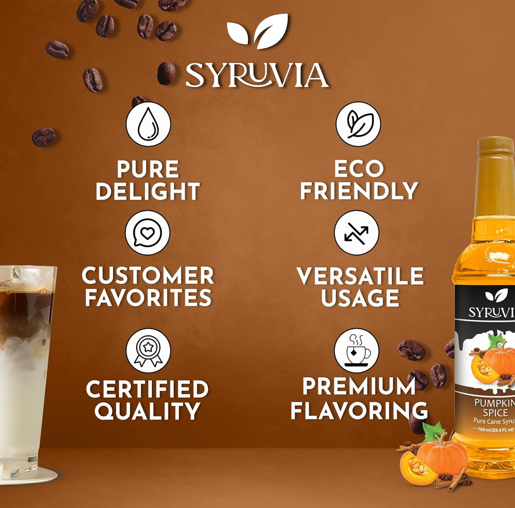 Syruvia Pumpkin Spice Syrup – 25.4 fl oz – Syrup for Coffee, Lattes, Shakes, Smoothies, Desserts – 100% Vegan, Gluten Free, Kosher (Pack of 3)
