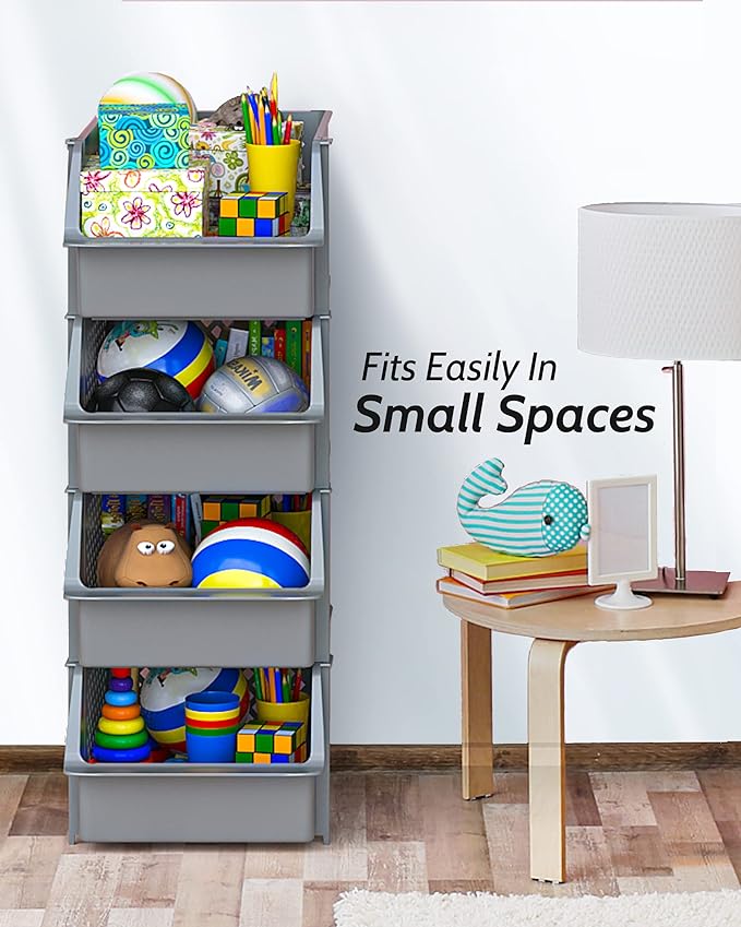 Skywin TidyFriend Stackable Storage Bins for Pantry, 4 Pack Stackable Bins For Organizing Food, Kitchen, and Bathroom Essentials (Grey)