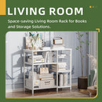 Baker’s Rack, Microwave Oven Stand with Bamboo Frame, 35.43" Coffee Bar with Wire Basket & 6 Hooks, 3-Tier Kitchen Storage Shelf Stand for Kitchen, Living Room, Office, White