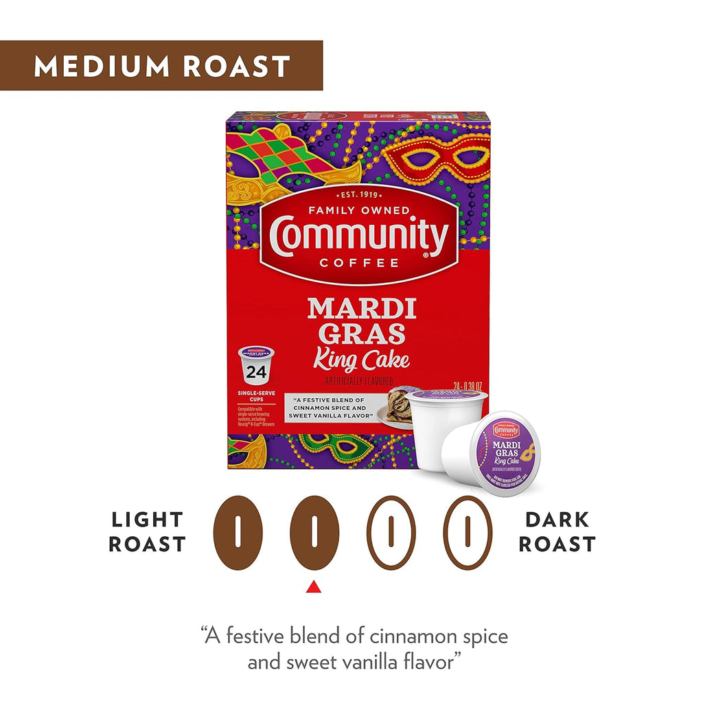 Community Coffee Mardi Gras King Cake Flavored 12 Count Coffee Pods, Medium Roast, Compatible with Keurig 2.0 K-Cup Brewers, 12 Count (Pack of1)