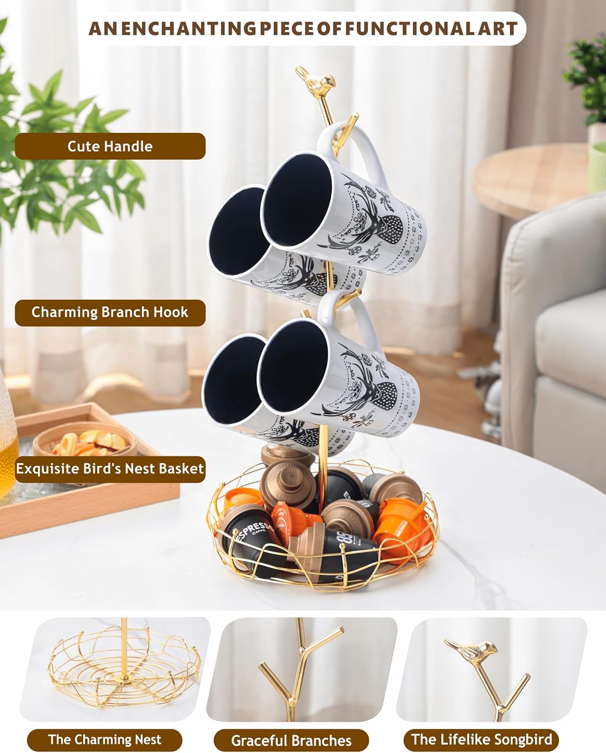 Gold Mug Holder & Mug Tree for Countertop, Decorative Bird Mug Rack for Counter Large Mugs with Nest Storage Basket, Coffee Cup Stand for Coffee Bar Accessories & Jewelry