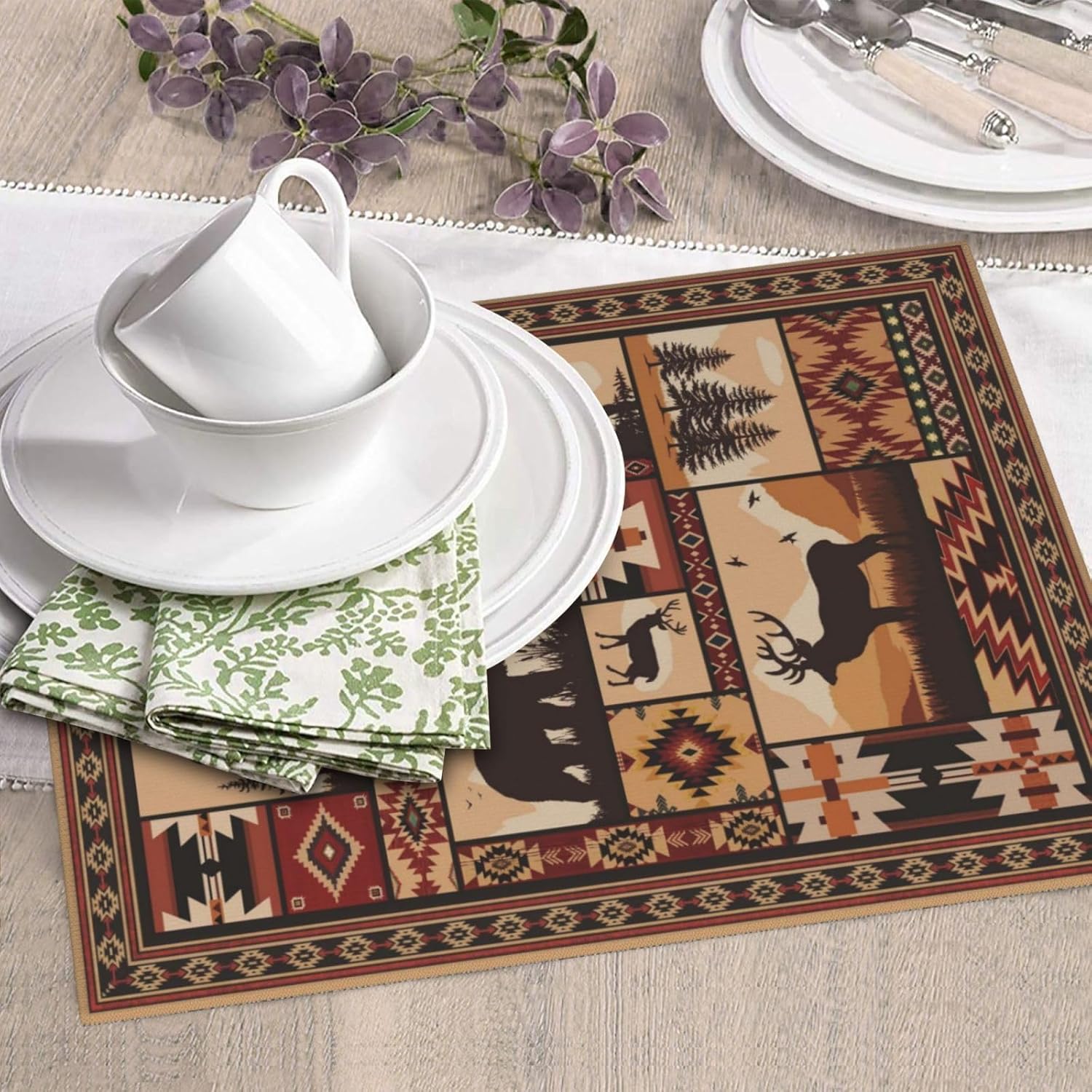 Western Wildlife Geometric Dish Drying Mat for Kitchen Counter, 16" x 18" Absorbent Microfiber Foldable Drying Pad for Dishes, Absorption, Washable, Decorative Rustic Kitchen Mat for Sink, Home Decor