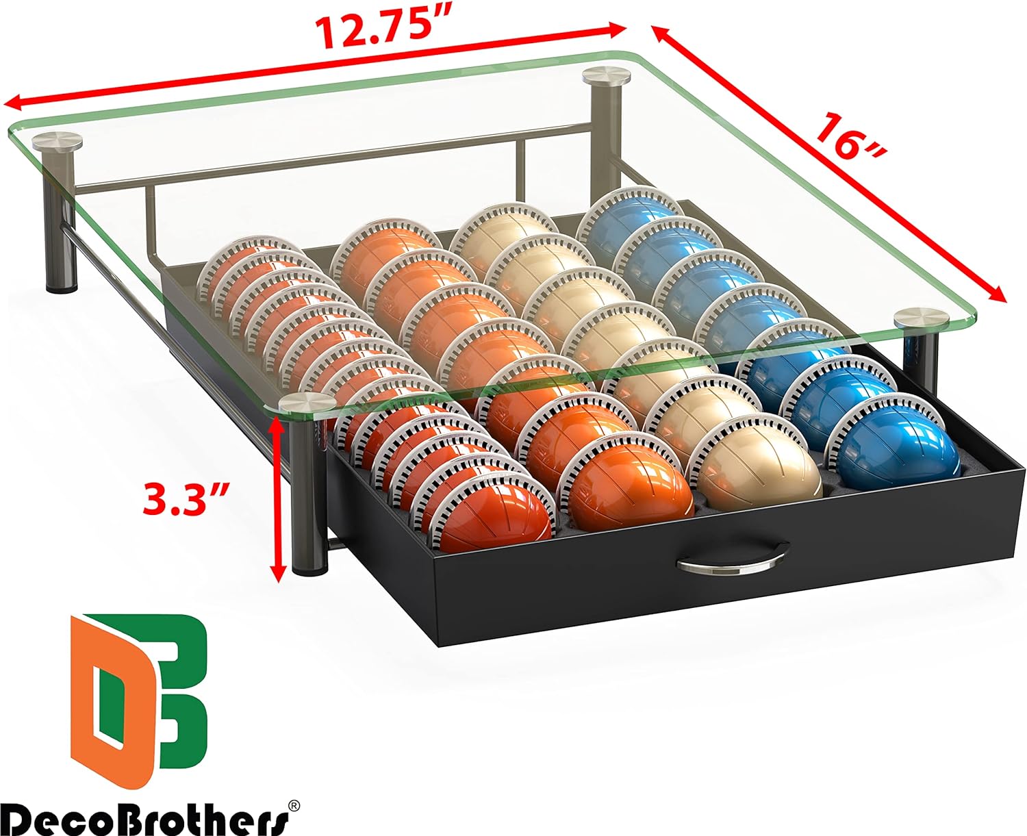 DecoBrothers Crystal Tempered Glass Vertuo Pod Holder Drawer, 28 Large or 56 Small Nespresso Capsule Organizer, Black