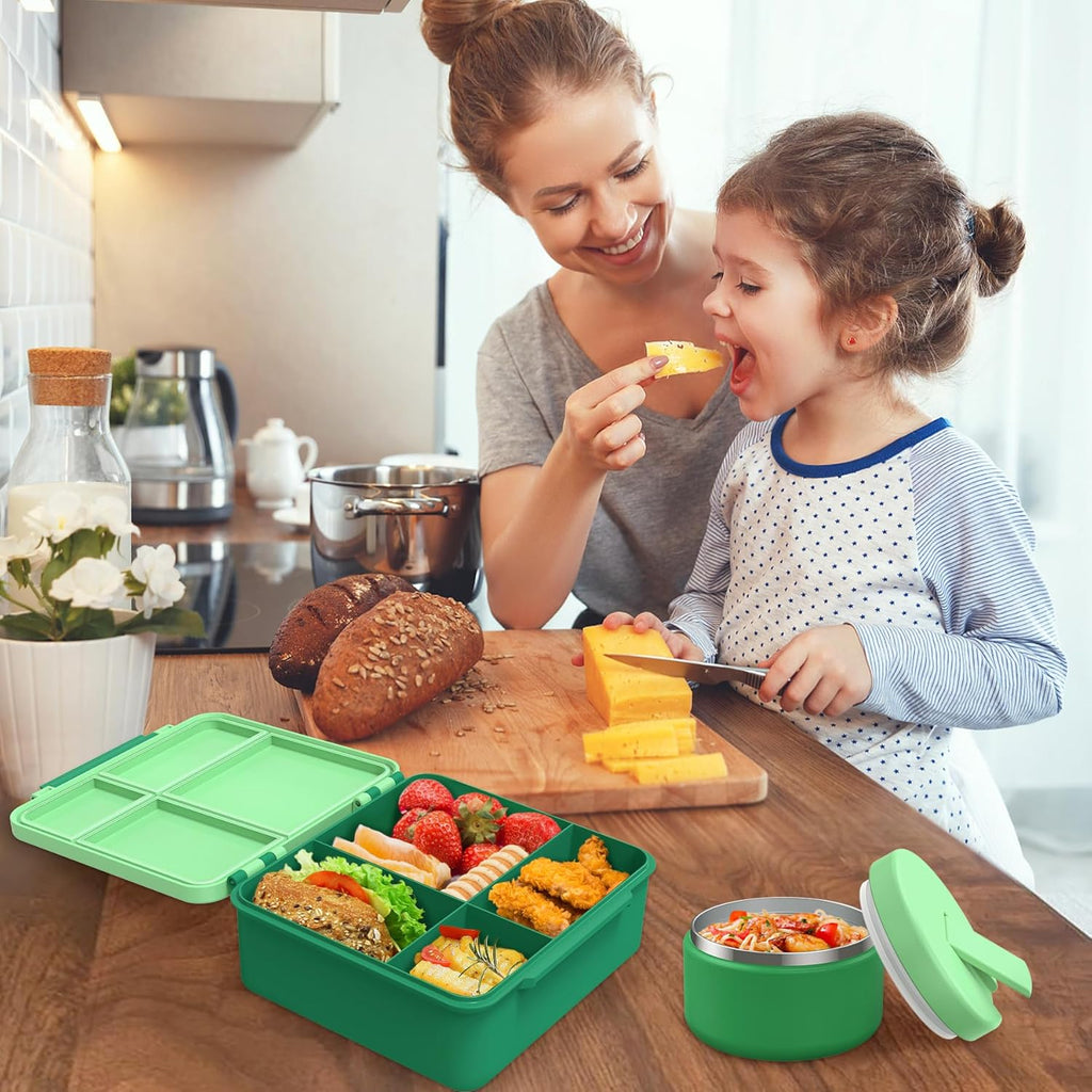 Bento Lunch Box with 8oz Soup Thermo, Kids Leakproof Lunch Food Containers with 4 Compartment, Kids Thermo Insulated Hot Food Jar for School, Trvael-Green