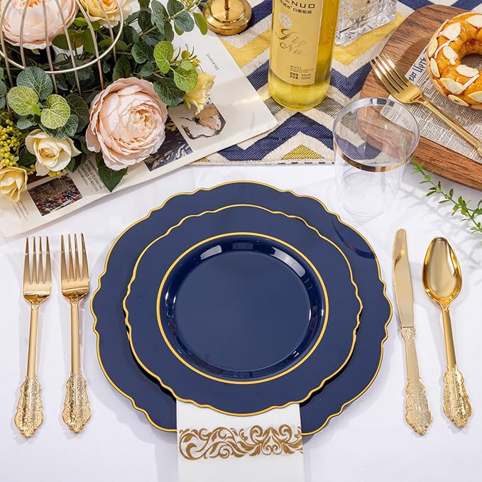 KIRE 210Pcs Navy Blue Plastic Plates - Blue Plates Disposable - 30guest Baroque Plastic Dinnerware for Hanukkah/Upscale Wedding/Parties