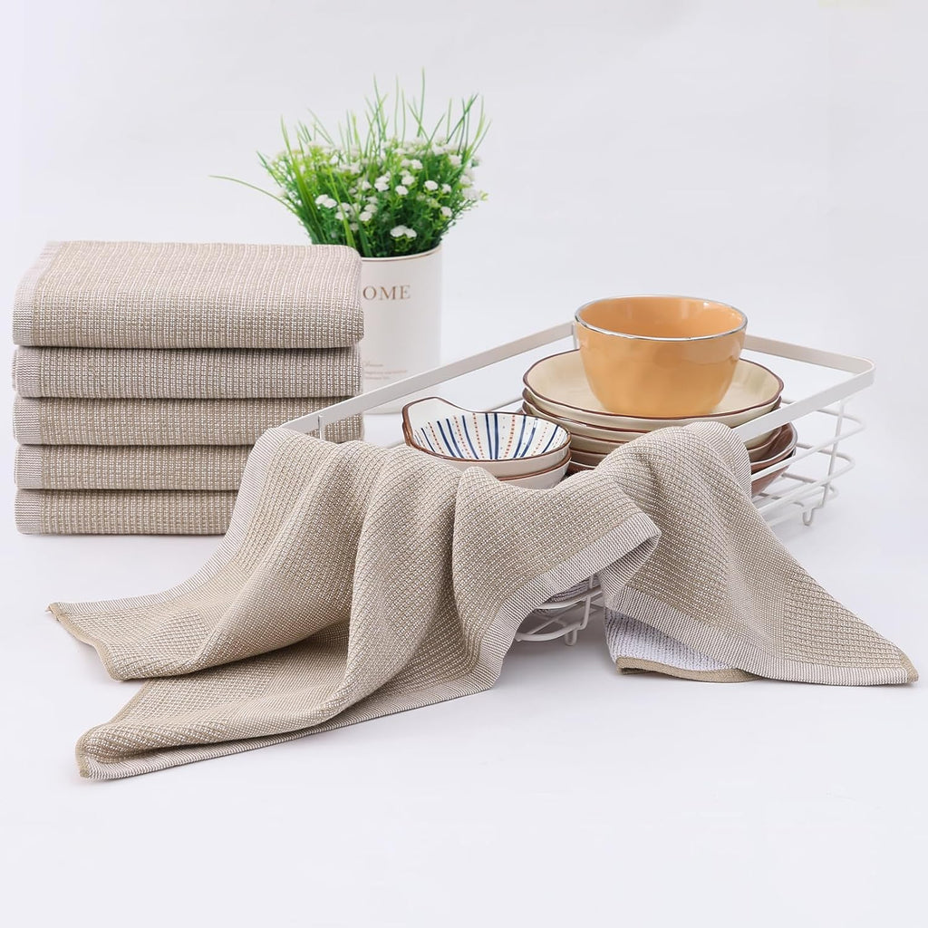 Homaxy Premium Kitchen Towels(18”x 28”, 8 Pack), Large Cotton Kitchen Hand Towels, Flat and Terry Dish Towels, 380 GSM Highly Absorbent Tea Towel Set with Hanging Loop, Khaki