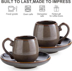 LYEOBOH 3 Ounce Espresso Cups and Saucers Set of 6, Ceramic Small Coffee Cups with Metal Holder and Spoons, Cute Demitasse Cups for Tea, Espresso, Latte, Cafe Mocha, Brown