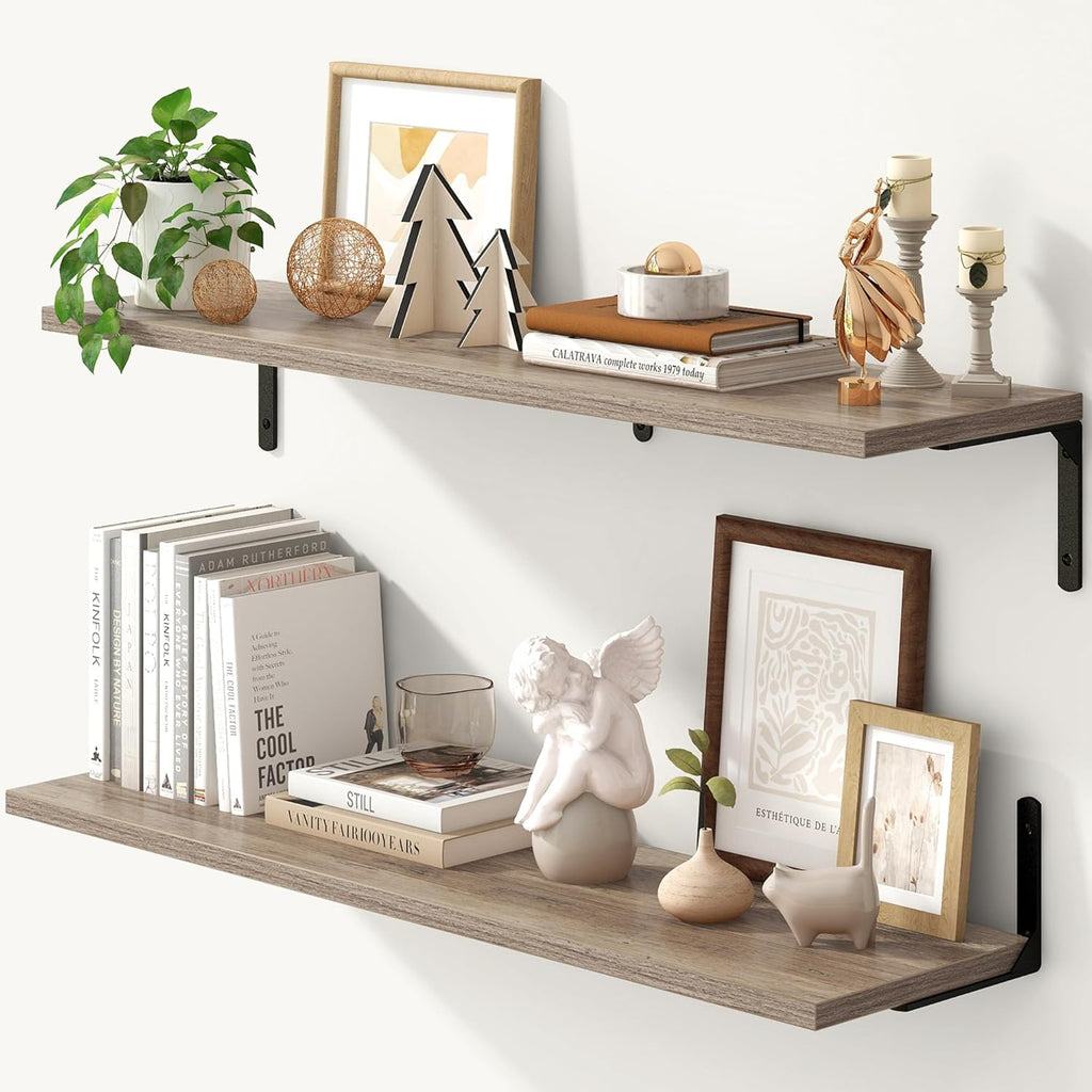 Fun Memories Deep Floating Shelves, 36W x 8D Floating Shelves Set of 2, Wall Mounted Shelf with Metal Brackets, Rustic Wood Wall Shelf for Bathroom, Kitchen and Living Room, Grey
