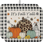 Fall Dish Drying Mat for Kitchen Counter Pumpkin Drying Pad Absorbent Drying Mats for Countertops Sinks Draining Racks Maple Leaves Black Buffalo Plaid Drainer Holiday Harvest Thanksgiving Decor 16x18