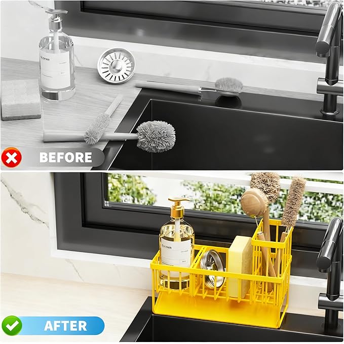 Cisily Yellow Sink Caddy Organzier with High Brush Holder, Sponge Holder for Sink, 304 Rustproof Stainless, Kitchen Countertop Soap Dispenser Organizer,Yellow Kitchen Decor and Accessories