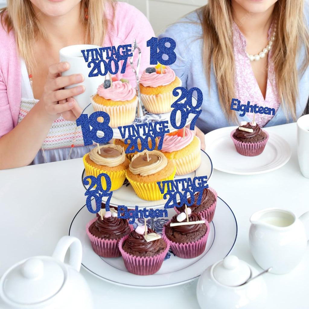Gyufise 24Pcs 18th Birthday Cupcake Toppers Glitter Eighteen Vintage 2007 Adultish 18 Cupcake Picks Birthday Cake Decorations for Happy 18th Birthday Anniversary Party Supplies Deep Blue