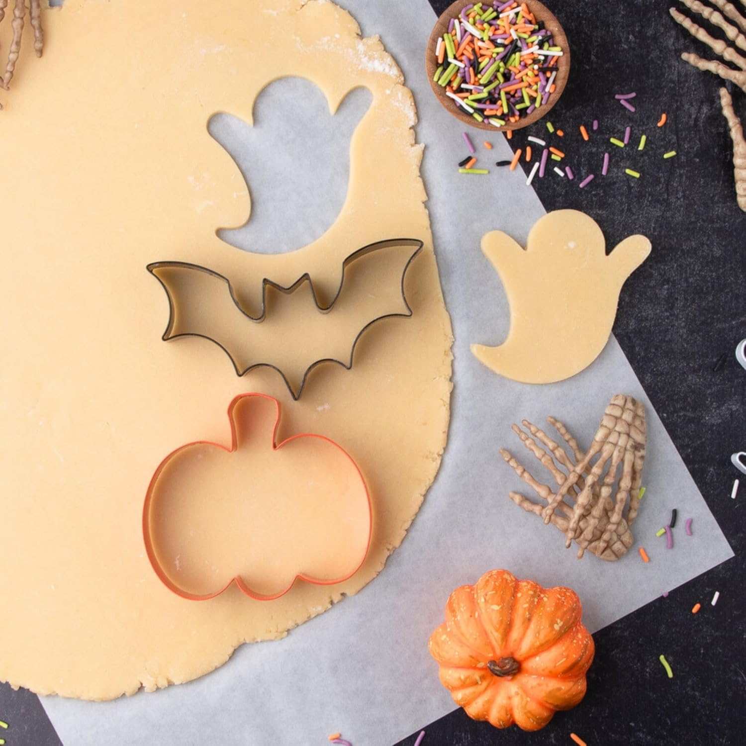 Sweets Indeed Halloween Cookie Cutters with Sprinkle Mix & Candy Eyeballs – 2 oz Sprinkles + 3 Food-Safe Cookie Cutters (Pumpkin, Ghost, Bat) | Halloween Baking & Decorating Kit
