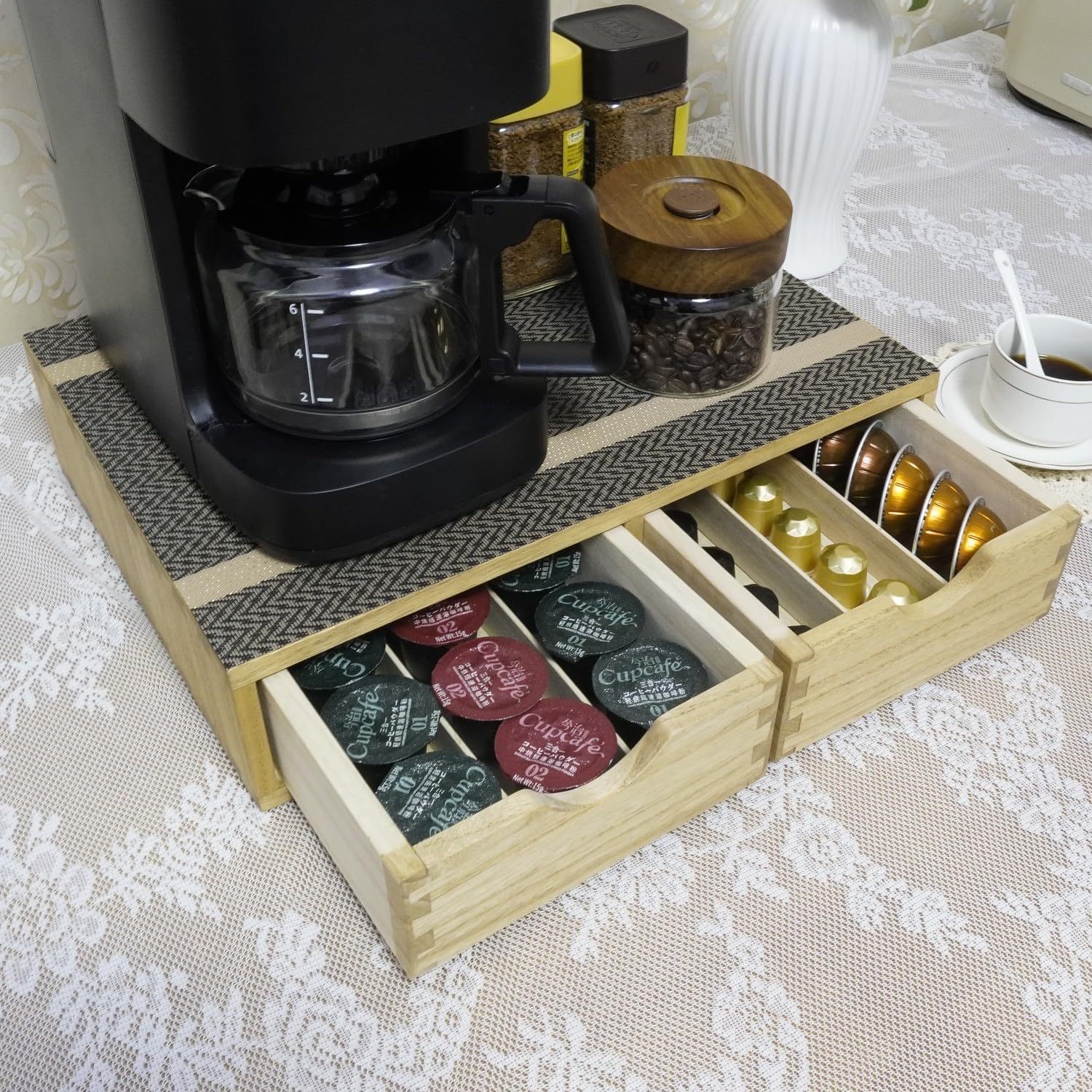 Storage Drawer Holder for Capsules Coffee Pod K-cup Organizer /2 Drawers for Counter Organization for Kitchen Utensil Storage Home Decor Office Supplies- Coffee Brewer Accessories Wood 1D2C-LT