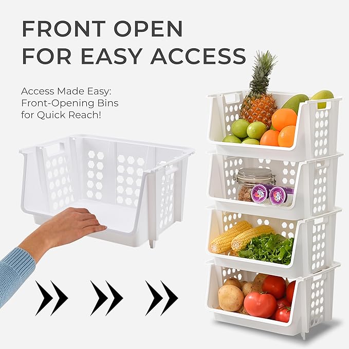 TidyFriend Large Stackable Storage Bins for Pantry - 4 Pack, Stackable Bins For Organizing Food, Kitchen, and Bathroom Essentials (White)