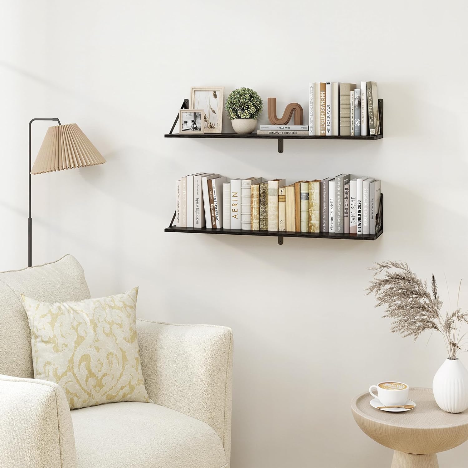 Heimlove Black Deep Floating Shelves for Wall, 32W x 8D Wood Wall Shelves Set of 2, Wide Floating Bookshelf for Living Room, Kitchen, Office, Bedroom and Decor Storage, with Metal Bracket - Black