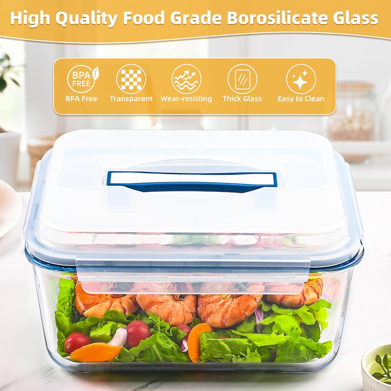 Glass Bread Box Airtight Bread Container, 190oz / 24Cup Large Glass Storage Containers with Lids, Ideal Airtight Food Storage Containers, Roasting Turkey/Chicken/Cookie, Oven&Dishwasher Safe