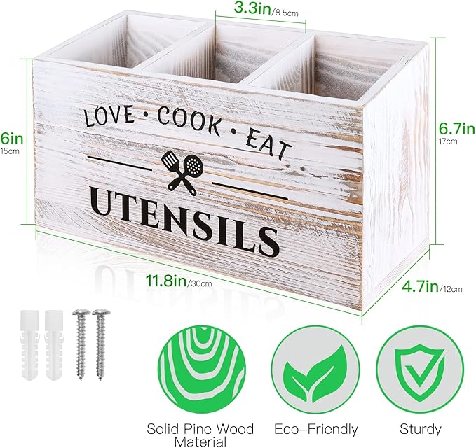 Wood Kitchen Utensil Caddy with 3 Compartments, Rustic Farmhouse Style, Ideal for Storage and Organization, White