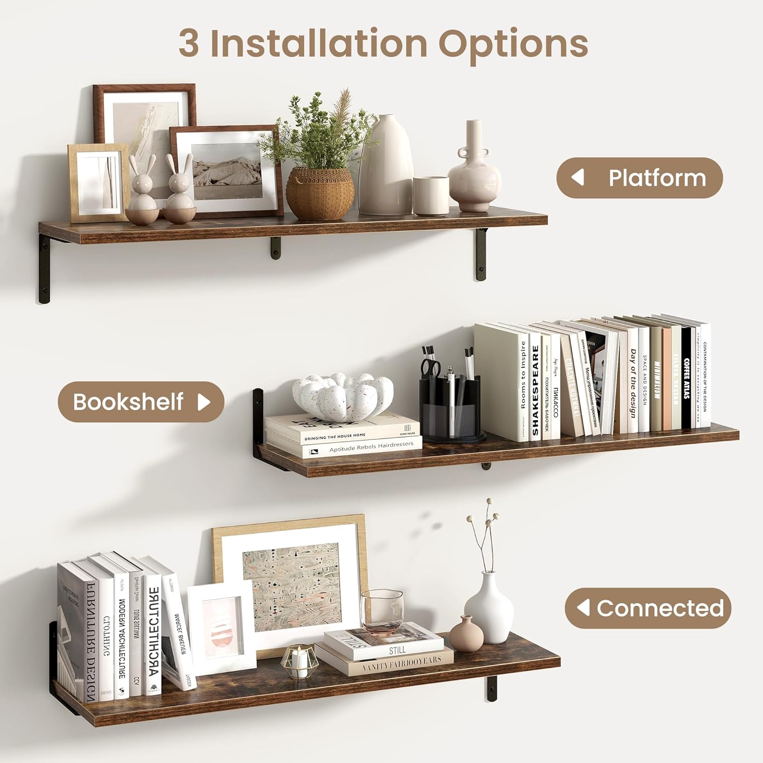 Fun Memories Deep Floating Shelves, 36W x 8D Floating Shelves Set of 2, Wall Mounted Shelf with Metal Brackets, Rustic Wood Wall Shelf for Bathroom, Kitchen and Living Room, Rustic Brown