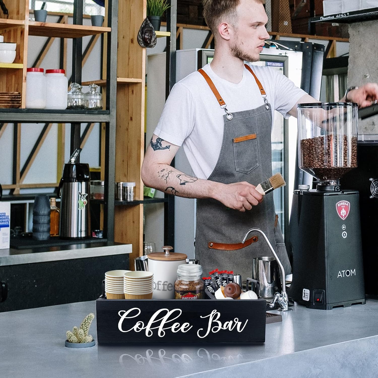 Coffee Station Organizer Wooden Coffee Bar Holder Accessories for Countertop, Farmhouse Kcup Pod Storage Basket with Handle - Black