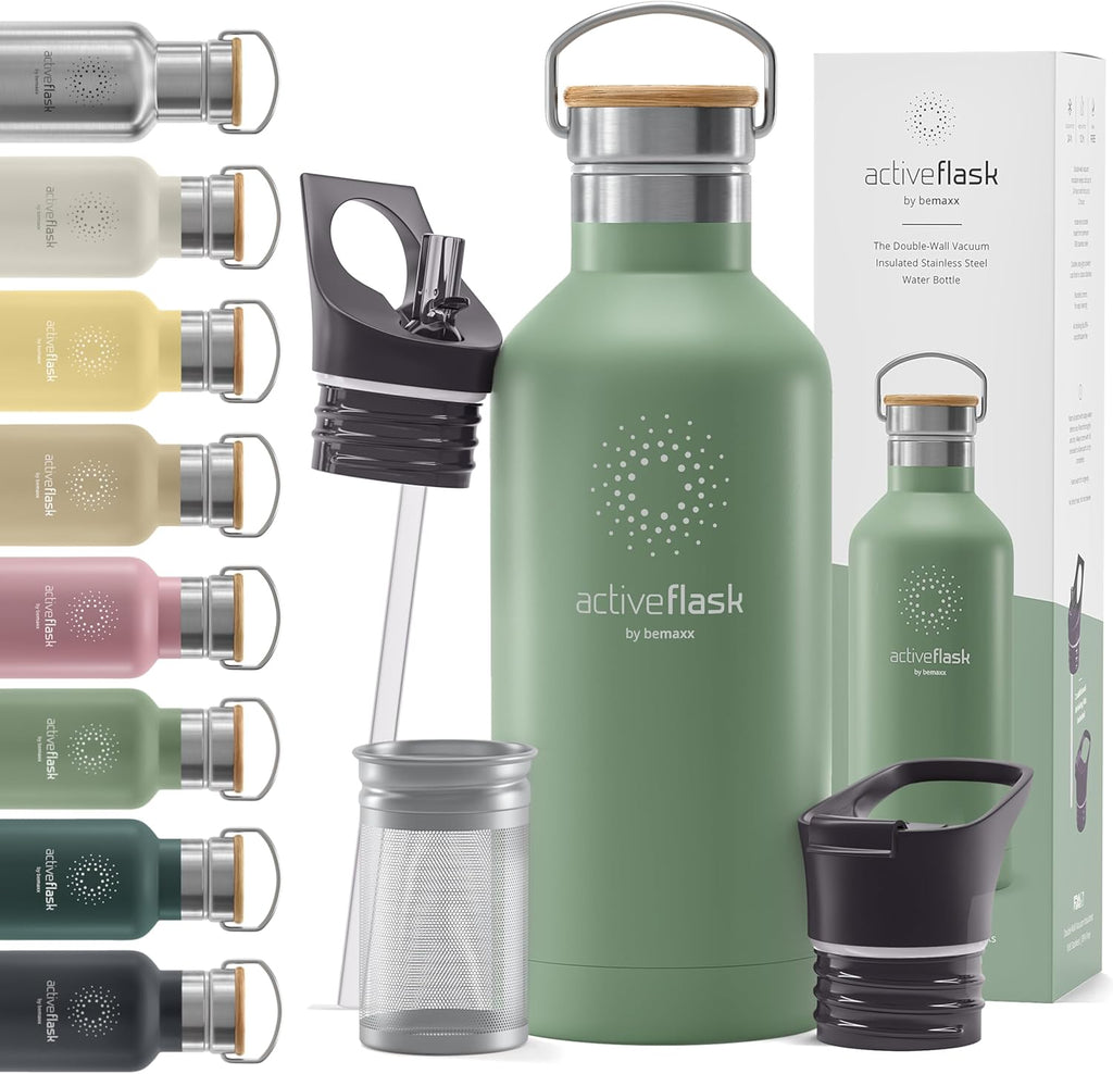 Stainless Steel Water Bottle with Straw, Infuser & 3 Lids: 18/32 OZ Leak-Proof Vacuum Insulated ACTIVE FLASK Drinking Bottles Hot Cold: Double Walled Outdoor Drink Thermo Mug Tea Coffee Sport Gym Bike